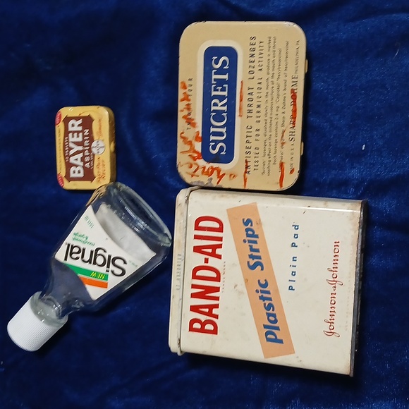 band aid Other - Antique Empty Metal Tins and Glass Mouthwash Bottle